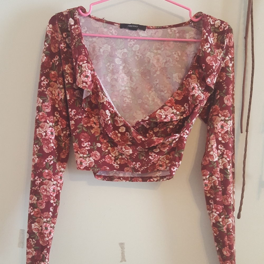 SOLD Cropped Floral Plunge Neck Long Sleeved Top